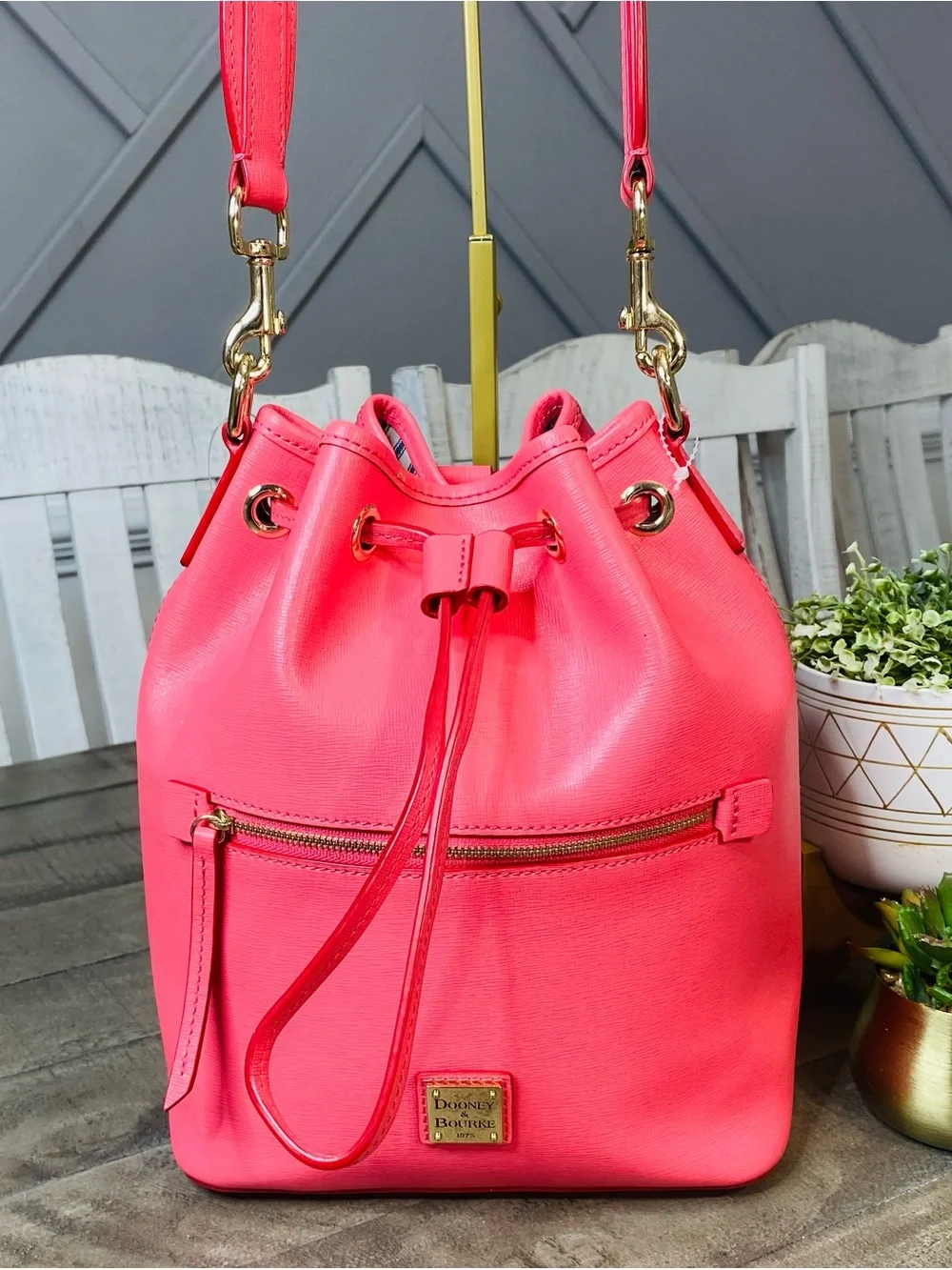 Dooney & Bourke Saffiano Leather Drawstring Bucket Bag Hot Pink Neon